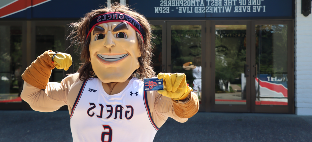 Gideon the Gael mascot holding a credit card in front of a sign that says Gael's Rise "one of the best atmospheres I've ever whitenesses. ESPN